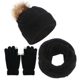 CheChury Women Warm Scarf Glove Beanie Hat Set,Snood Scarf and Touchscreen Gloves Set with Twist Thick Beanie Cap for Unisex Outdoor Sports Cable Knit Scarf 3 in 1,Black,One size
