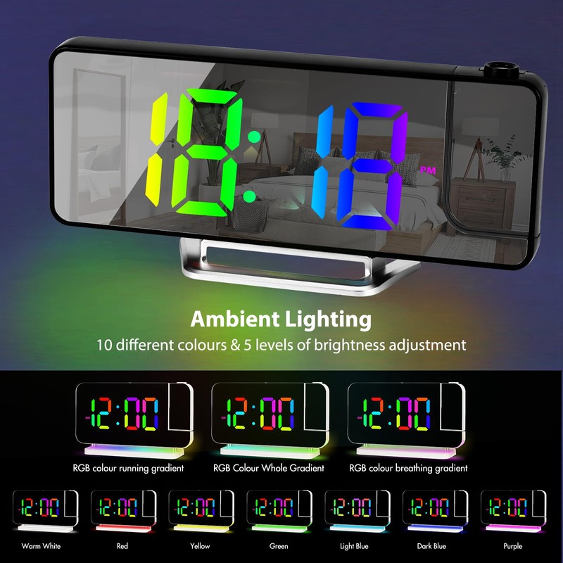 Projection Alarm Clock, Digital Display Alarm Clock 8.1 Inch RGB,