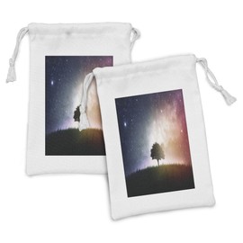 Ambesonne Space Fabric Pouch Set of 2, Single Tree in Field of Meadow Valley with Stars Universe Display Print, Small Drawstring Bag for Toiletries Masks and Favors, 9" x 6", Magenta and Blue