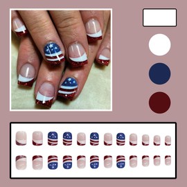 4th of July Square Press on Nails Glitter Frencch Tip Fake Nails with Star and Swirle Designs Short Square Red Blue White Glossy False Nails with Bling D esigns Acrylic Stick on Nails for Women 24 Pcs