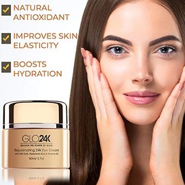 GLO24K Crema para ojos con oro de 24 k, fórmula antienvejecimiento con vitaminas, ácido hialurónico, aceite de rosa mosqueta
