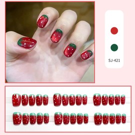 Christmas Nail Strawberry Polka Dot Cat Eye Nail Art Press on Nails Full Cover Fake Nails Fashion manicures for Women and Girls 24 Pcs