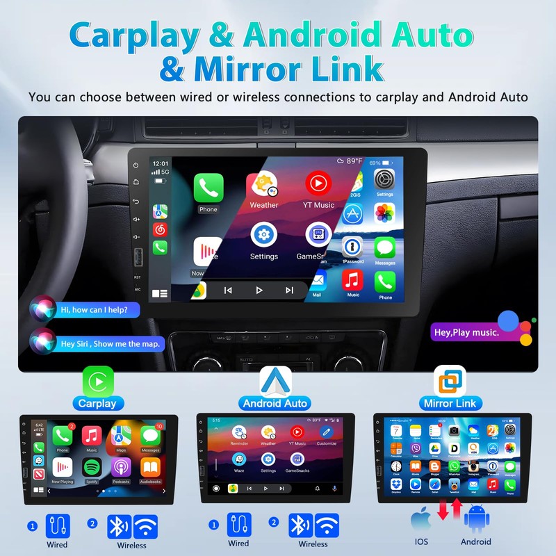 9 Inch Car Stereo Single Din Radio with Wireless Apple