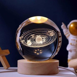 3D Galaxy Crystal Ball Wooden Base Solar System Planet LED Light Bedroom Table Desk Decoration Night Light