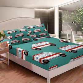 Feelyou Juego de sábanas de ambulancia, sábana ajustable para niños y niñas, juego de ropa de cama con dibujos de coches, microfibra, vehículos de respuesta a emergencias, funda de edredón verde, ropa