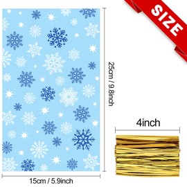 Whaline 100Pcs Christmas Cellophane Bag with 100 Gold Twist Ties White Blue Snowflake Candy Cookie Treat Bag Xmas Winter Cello Goody Bag for Party Supplies