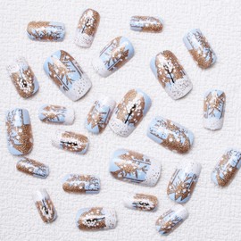 24 Pcs Christmas Nails Short Square Press on Nails with Winter Christmas False Nails with Golden Glitter Xmas Tree Design Sparkly Fake Nails Full Cover Acrylic Nails Christmas Stick on Nails for Women