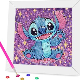5D Stitch Diamond Painting Children with Frame, Cute DIY Diamond Mosaic Set for Beginners, Wall Decoration for Children's Room, Creative Girl Gift, Birthday Gift with Gift Box, 15 x 15 cm