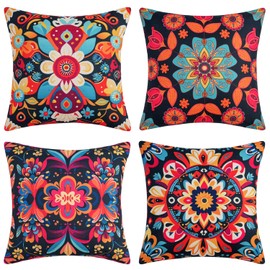 Boho Cushion Cover, 40 x 40 cm, Colourful Ethnic Floral Bohemian Decorative Cushion Covers, Linen Retro Geometric Pattern Cushion Cover for Sofa, Bedroom, Living Room, Balcony, Set of 4