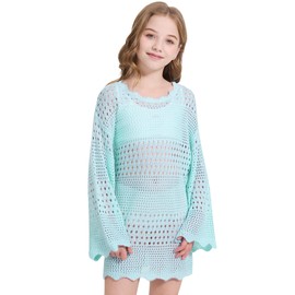 WULFUL Girl's Crochet Long Sleeve Swimwear Cover Up Summer Beach Dress Swimsuit