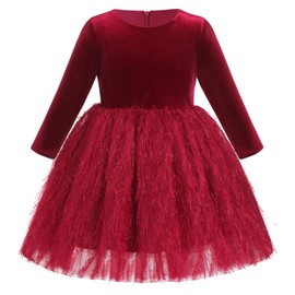 Toddler Baby Girls Velvet Ruffle Christmas Dress for Kids Long Sleeve Feather Tulle Tutu Velvet Princess Vintage Evening Dresses Christmas Plush Party Fall Winter Outfits Wine Red 5-6 Years
