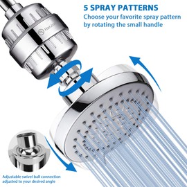 High Pressure 5 Setting Rain Shower Head Combo, HarJue Filter Shower Head for Hard Water, Remove Chlorine Fluoride and Harmful Substances, Chrome (With Filter, Without Handheld)