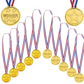 12 Pack Gold Winners Medals, Game Medals Winner Award Medals Prizes Medals Star Party Favours Medals Plastic Gold Medals Olympic Style Medals with Ribbon Necklaces for Children Kids School Sport