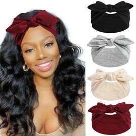 FULZTEY Bow Headbands for Women Wide Hairbands Vintage Headwrap Elastic Non Slip Workout Sports Head Band Knotted Thick Turban Cotton Bandanas for Hair Accessories 4Pcs