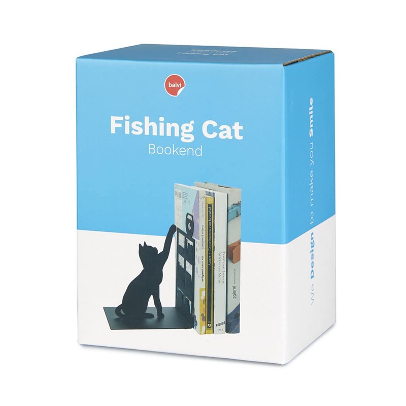 balvi Bookend Fishing Cat Black Colour Bookend with Decorative Figure