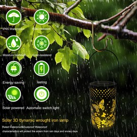 3D-Dynamic Hollowed-Out Metal Decor Lantern 2 Pack Outdoor Solar Hanging Lantern Lights Waterproof LED Decorative Garden Light for Garden Patio Courtyard Lawn and Tabletop (DTTYD-Butterfly)