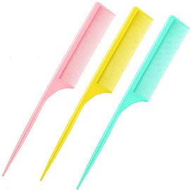 Leinuosen 3 Pack Rat Tail Combs Fine Tooth Parting Tip for Women Carbon Fiber Heat Resistant Anti Static Teasing for Back Combing Root Teasing Adding Volume Evening Styling(Pink, Yellow, Green)