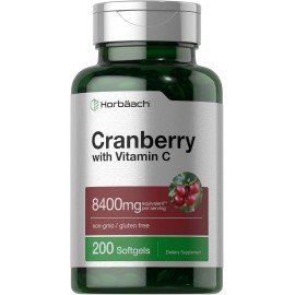 Horbäach Cranberry Pills w/ Vitamin C | 8400Mg | 200 Softgels | Concentrate Extract Supp.