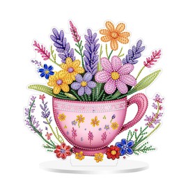 Yunzlly DIY Desktop Diamond Art Painting Kit, Stand Up Gem Painting Ornament for Adults, Acrylic Tabletop Diamond Board Painting, Double Sided (Cup Flower)