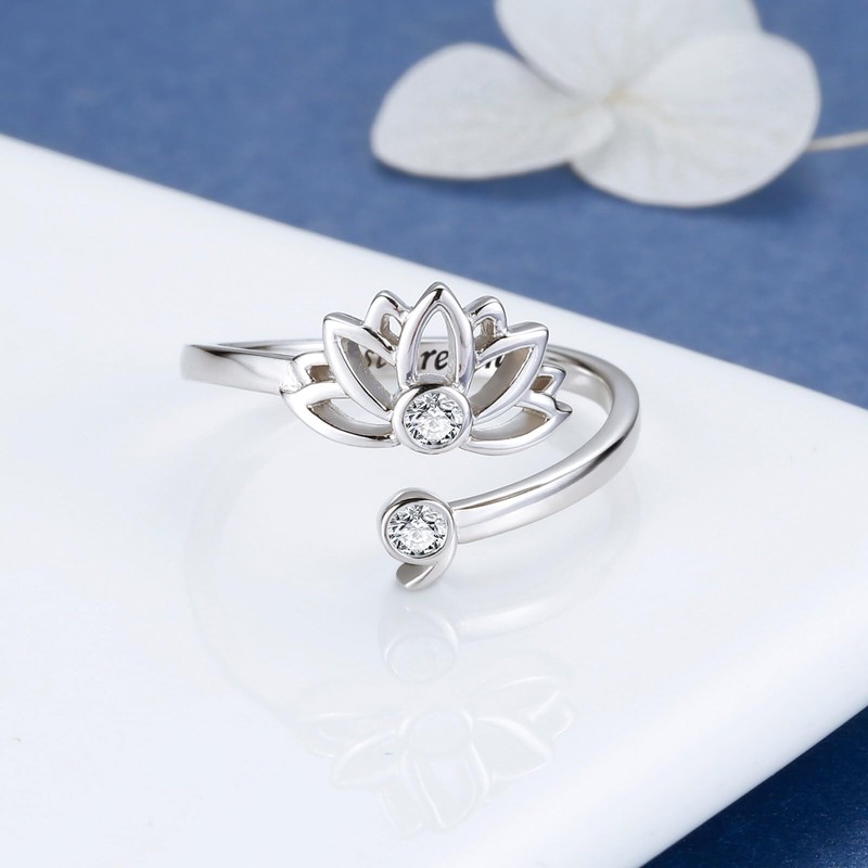 MANBU Sterling Silver Lotus Semicolon Ring - Just Breathe Encouragement