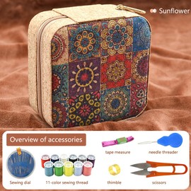Sewing Box,Portable Travel Sewing Kit ，Vintage Soft Wood Print Sewing Kit,Mini Sewing Kits Storage Box,with 11 Color Thread, Scissors, Needles, Tape Measure and Other Accessories (Sunflower)