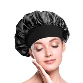 BIZBUY Satin Bonnet, Hair Bonnet for Sleeping, Night Hair Sleeping Caps with Wide Elastic Band, Silk Bonnet is Suitable for Long and Curly Hair Black