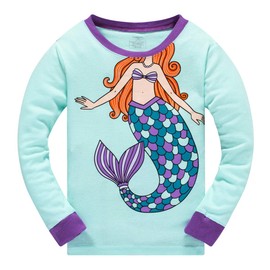 Popshion Girls Mermaid Pajamas Two Piece 100% Cotton Long Sleeve PJs Toddler Girl Sleepwear Mermaid Shirts 7t/6149