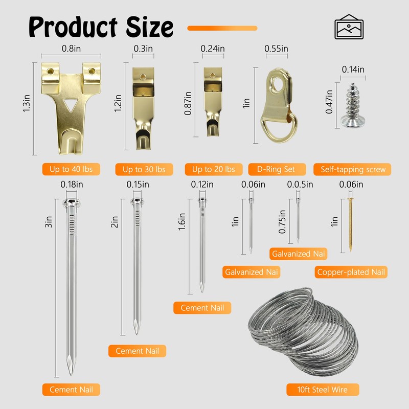 SHRJ Picture Hanging Kit Hanging Hardware Assorted with Magnetic Hammer