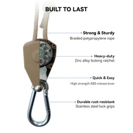 Keovoker 4Pack Retractable Ratchet Tie Down Straps, 13 Ft 1/8” Adjustable Rope Rollers, Heavy Duty Ratcheting Pulley System with 2 Carabiner Hook, for Xmars Decor, Hanging Plants, Grow Lights