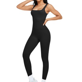 KIKIMINK Workout Romper for Women Seamless Ribbed Bodysuit One Piece Yoga Jumpsuit Sleeveless Square Neck Tank Top Leggings - Black L