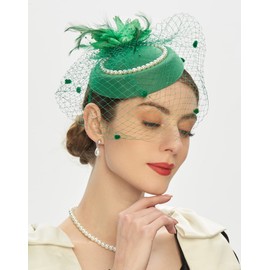 Pillbox Hats 20s 50s Vintage Fascinators for Women with Feather Mesh Veil Headband Bridal Wedding Tea Party (E1-Green)