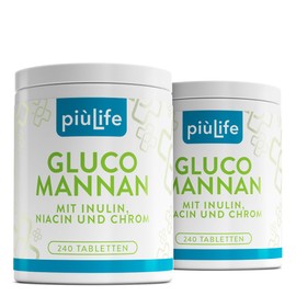 Glucomannan Konjac 95% Purity PiùLife, 480 Tablets, 4000 mg with Inulin, Niacin & Chromium, Pure Glucomannan from Konjac Root, Plant Fibres, High Dose, 36,000 mPas Viscosity