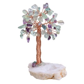 mookaitedecor Fluorite Natural Crystal Money Tree with Druzy Geode Quartz Base, Copper Wire Wrapped Fengshui Tree Figure for Office Home Decoration, Symbol of Wealth and Happiness