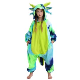 SimZoo Kids Animal Pajamas, 3-13 Years Boy and Girls Tie Dye Axolotl Blue Green Cosplay Costume Sleepwear, One-Piece Unisex Homewear