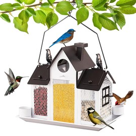 Solar Bird Feeders for Outdoors,Bird House Feeder,Hanging Metal Mesh Wild Window Large Finch Cardinal Nest Houses Garden Decoration Squirrel Proof (White)