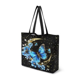 Dngkaoje Canvas-Tragetaschen für Damen, wiederverwendbare Einkaufstaschen, große schmutzige Kleidung, Reisetasche, tragbare Einkaufstasche, Blue Butterfly Moon, Einheitsgröße