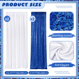 VitalCozy 4 Panels Backdrop Curtains 2 Pcs 4 x 10 ft Sequin Glitter 2 Pcs 7 x 10 ft Chiffon Photo Background Curtains for Graduation Wedding Birthday Party Decorations(White, Navy Blue)