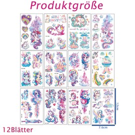 Nurila 12 Sheets Glitter Unicorn Tattoos, Unicorn Tattoos Decoration Children's Birthday Party for Children, Skin-Friendly, Temporary for Girls, Party Bags, Children's Birthday Gifts for First Day of