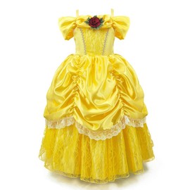 FMYFWY Vestido de princesa Bella y la Bestia para niñas, disfraz de Halloween, Navidad, boda, cumpleaños, con accesorios, talla 12-13