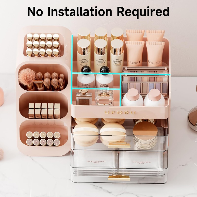UFORU Makeup Organizer for Vanity with Brush Holder, Large Plastic