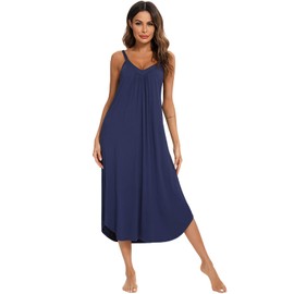 Jlowesun Ladies Loungewear,Soft Cotton Nighties with Wavy Hemline,V-Neck Full Slip Loose Stretchy Strappy Women's Nightwear L Navy Blue
