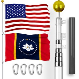 G128 Combo Pack: 20 Ft Telescoping Aluminum Flagpole (Silver) & American and Mississippi Magnolia Flags 3x5 Ft, Both ToughWeave Series Embroidered Polyester | Pole with Flags Included