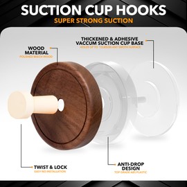 Besti Shower Suction Cup Hooks, Strong Suction Power, Towel Hooks for Shower Glass Door, Bathroom, Kitchen, Mirrors, Tiles, Holds up to 11 lbs, Ideal for Towels, Bath Robes, Coats (Walnut-Off White)