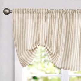 jinchan Tie Up Valance Linen Textured Striped Bow Tie Curtain for Kitchen Bathroom Rod Pocket Pinstripe Valance Window Treatments Ticking Stripe Pull Cord Valance 1 Panel 18 Inch Tan on Beige