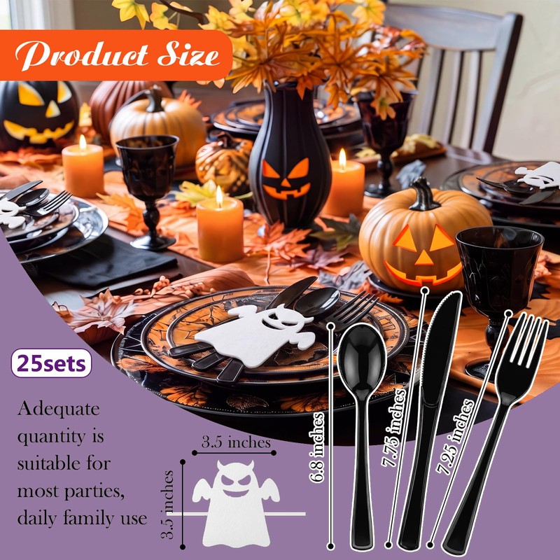 25 Set Black Halloween Cutlery Set with Felt Twist Tie,