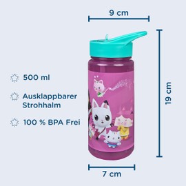Scooli Gabby's Dollhouse Drinking Bottle for Children with Motif - Plastic Water Bottle BPA Free - Approx. 500 ml Capacity - Integrated Straw - Ideal for School