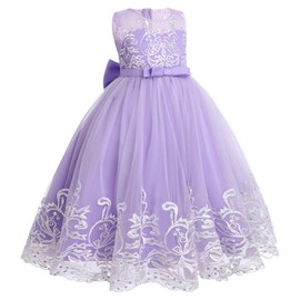 Flower Girl Lace Dress for Kids Wedding Bridesmaid Pageant Party Formal Long Maxi Gown Big Little Princess First Communion Birthday Dance Prom Sequins Bow Puffy Tulle Dresses Light Purple 4-5 Years