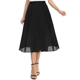 EXCHIC Women's Casual Chiffon Elastic Waist One Line Pleated Midi Skirt with Pocket, black
