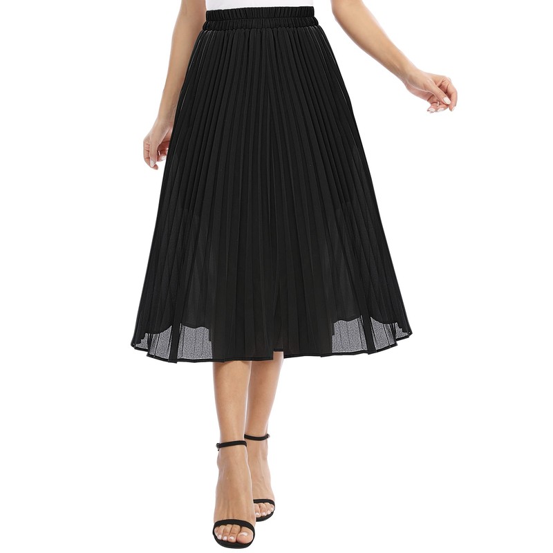 EXCHIC Women's Casual Chiffon Elastic Waist One Line Pleated Midi