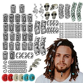 85Pcs Viking Norse Rune Beard Beads Ring Hair Braids Dreadlock Dreads Skull Snake Wolf Cross Turquoise Filigree Cuff Pirate Accessories Clips Pins Tub